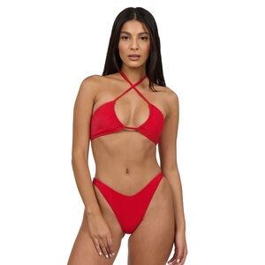 Akosha Verse Top Boca Chica Bottom Ribbed Bikini SET in Victory Red Small NEW